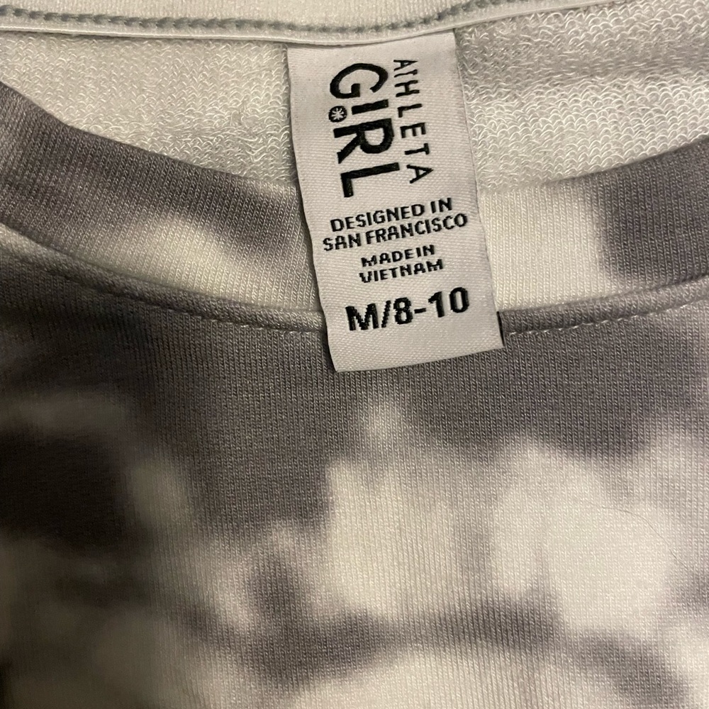 Athleta kids, size medium 8-10, color is grey and white tie-dye long sleeve.